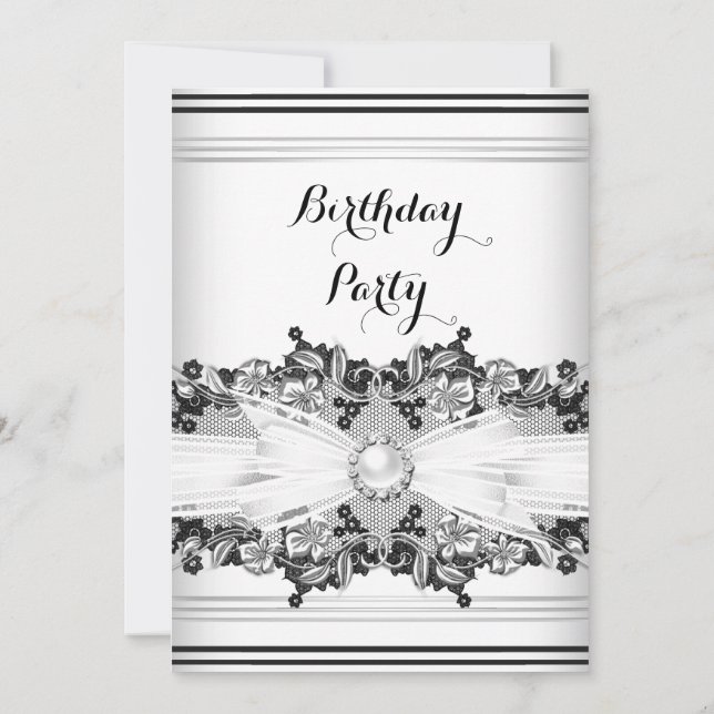 Elegant Black White Pearl Jewel Bow Lace Birthday Invitation (Back)