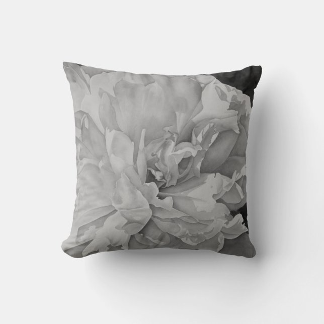 Elegant black white peony floral watercolor  cushion (Front)