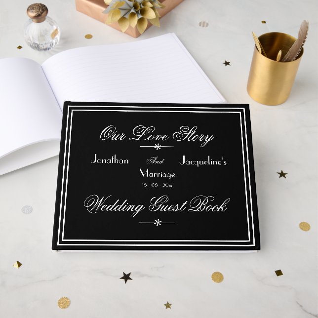 Elegant Black & White Personalised Chic Wedding Guest Book (Front Open)