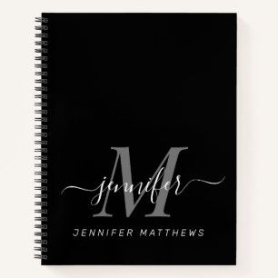 Elegant Black White Personalised Monogram Name Notebook