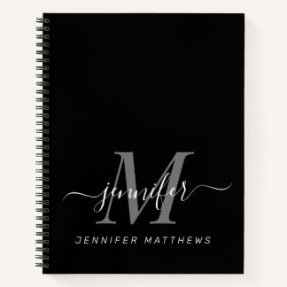 Elegant Black White Personalised Monogram Name Notebook