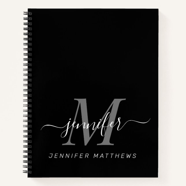 Elegant Black White Personalised Monogram Name Notebook (Front)