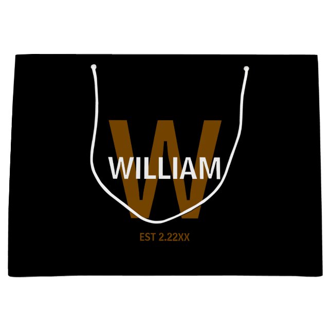 Elegant Black &White Personalised Name Monogram Large Gift Bag (Front)