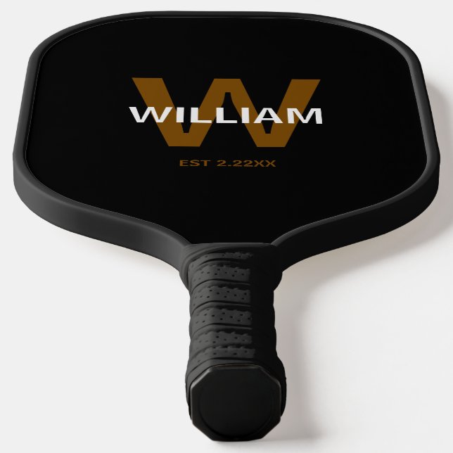 Elegant Black &White Personalised Name Monogram Pickleball Paddle (Laydown)