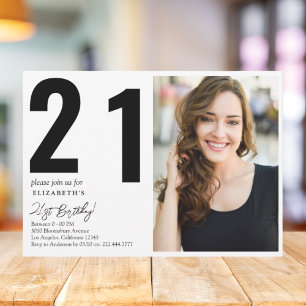 Elegant Black White Photo 21st Birthday Party Invitation