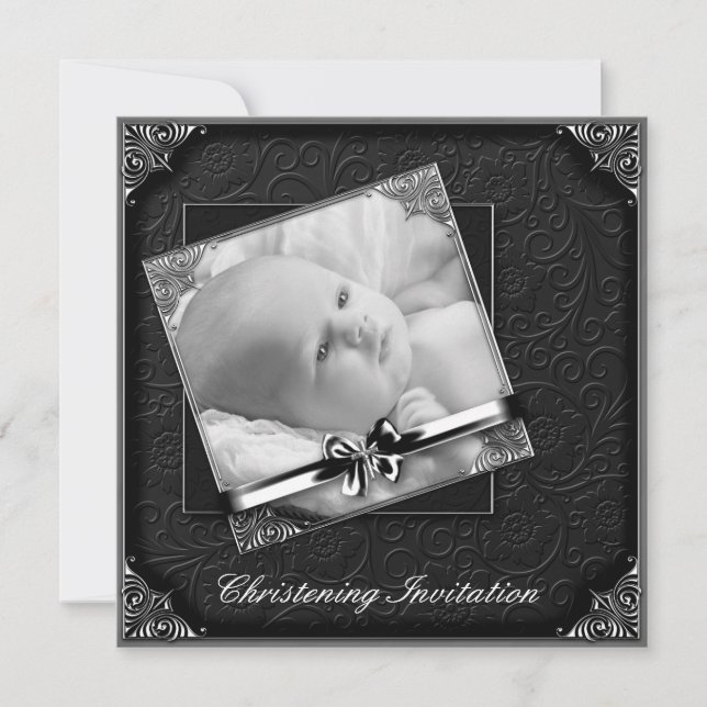 Elegant Black White Photo Christening Invitation (Front)