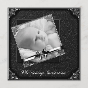 Elegant Black White Photo Christening Invitation