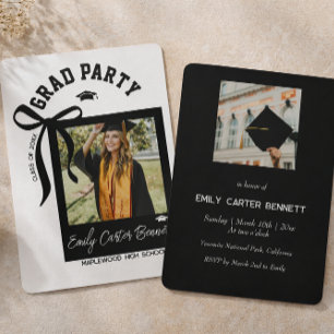 Elegant Black White Photo Coquette Bow Graduation  Invitation