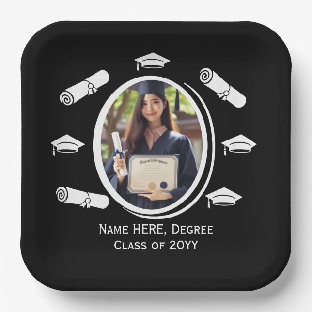 Elegant Black & White Photo Graduation Cap Diploma Paper Plate (Front)