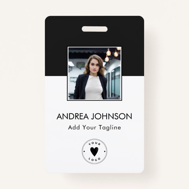 Elegant Black & White Photo Logo Bar Code & Name ID Badge (Front)