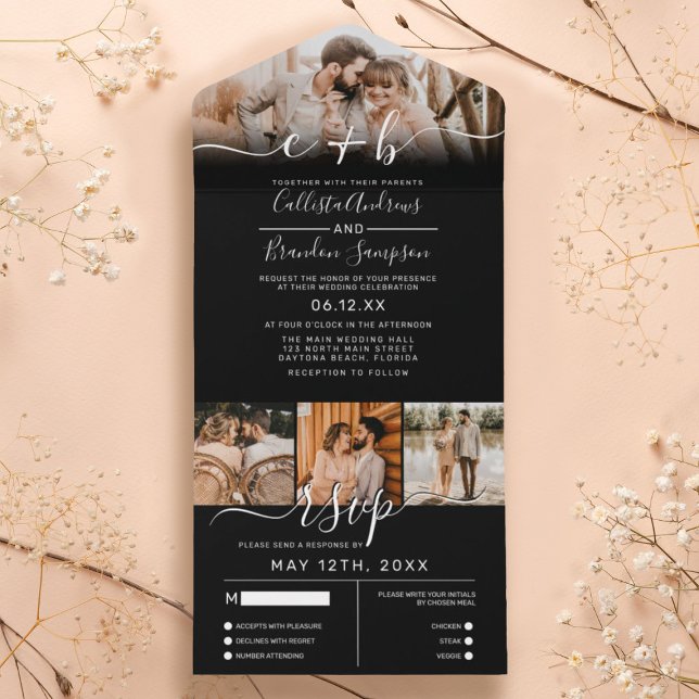 Elegant Black White Photo Monogram Wedding RSVP All In One Invitation (Creator Uploaded)