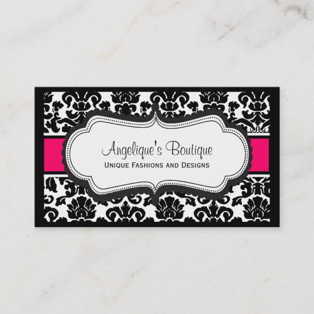 Elegant Black White & Pink Damask Business Cards (Front)