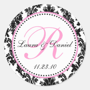 Elegant Black White Pink Damask Classic Round Sticker