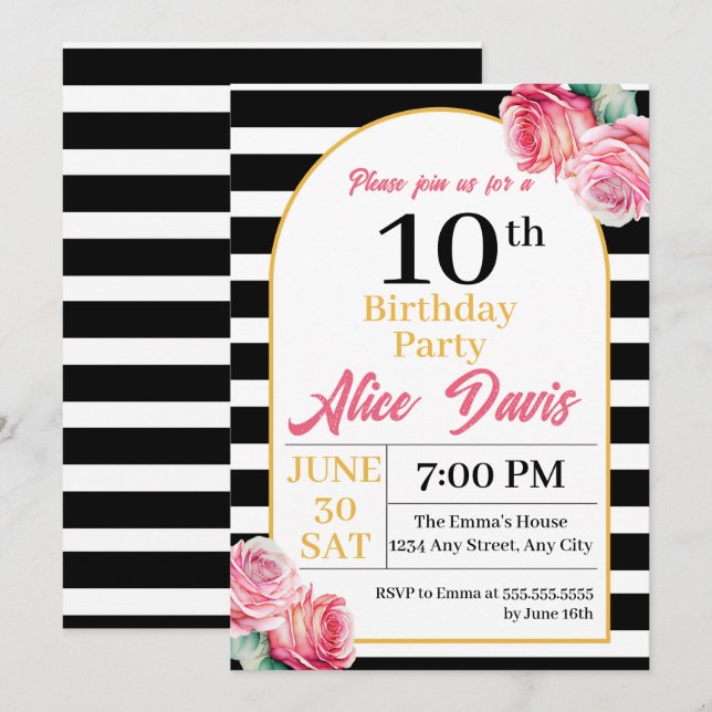 Elegant Black White Pink Rose Birthday Party  Invitation (Front/Back)
