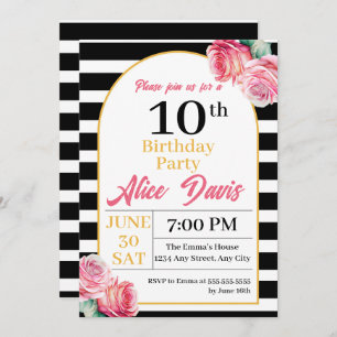 Elegant Black White Pink Rose Birthday Party Invitation