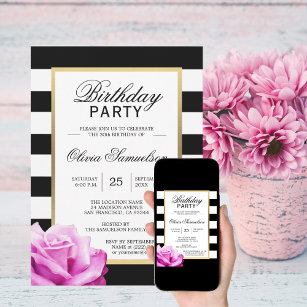 Elegant Black White Pink Rose Birthday Party Invitation