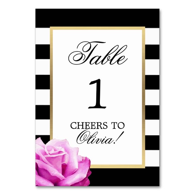 Elegant Black White Pink Rose Birthday Party Table Number (Front)