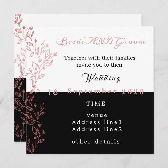 elegant black white pink wedding invitation (Front/Back)