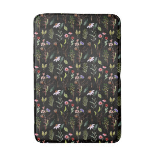 Elegant black white &pink wildflower watercolor  bath mat