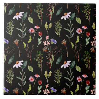 Elegant black white &pink wildflower watercolor  tile