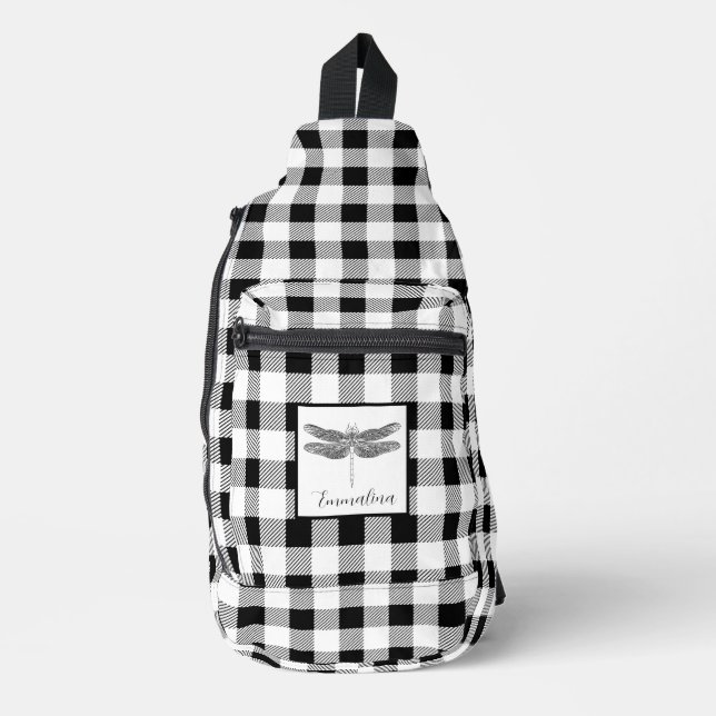 Elegant black white plaid gingham dragonfly  sling bag (Front)
