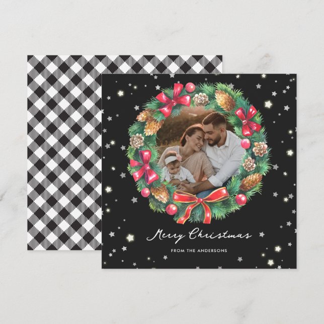 Elegant Black White Plaid Stars Photo Christmas Holiday Card (Front/Back)