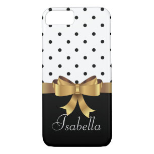 Elegant  Black white polka dots gold  bow monogram iPhone 8/7 Case