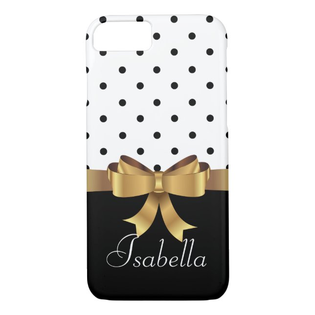 Elegant  Black white polka dots gold  bow monogram Case-Mate iPhone Case (Back)