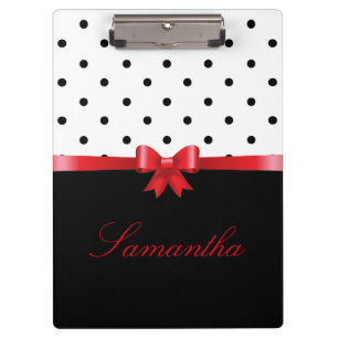 Elegant Black white polka dots red bow Personalise Clipboard
