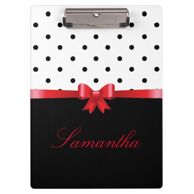 Elegant Black white polka dots red bow Personalise Clipboard (Front)
