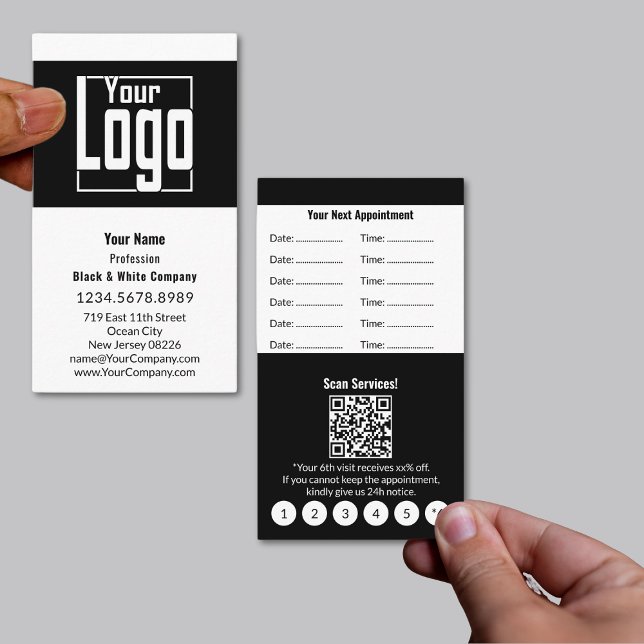 Elegant Black & White Portrait Format Loyalty & Appointment Card (Elegant Black & White Portrait Format Loyalty & Appointment Card, Punch Card)