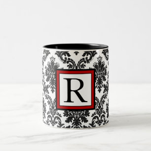 Elegant Black White Red Damask Monogram Two-Tone Coffee Mug