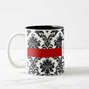 Elegant Black White Red Damask Monogram Two-Tone Coffee Mug