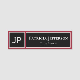 Elegant Black White Red Monogram Professional Name Tag