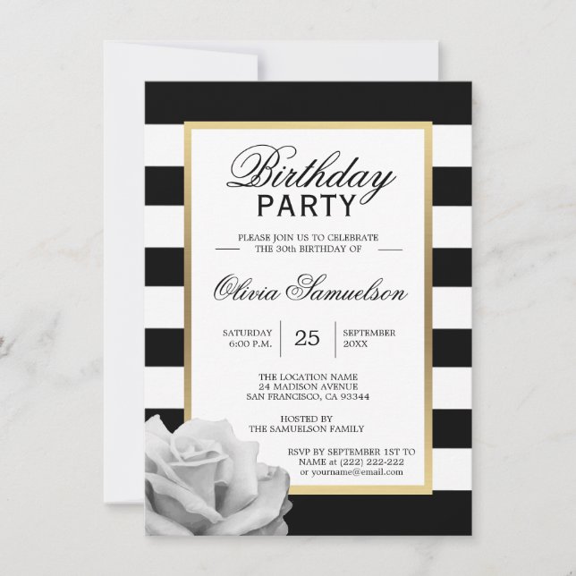 Elegant Black White Rose Birthday Party Invit Invitation (Front)
