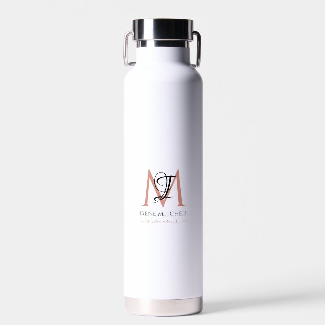 Elegant Black White Rose Gold Simple Monogram Name Water Bottle (Front)
