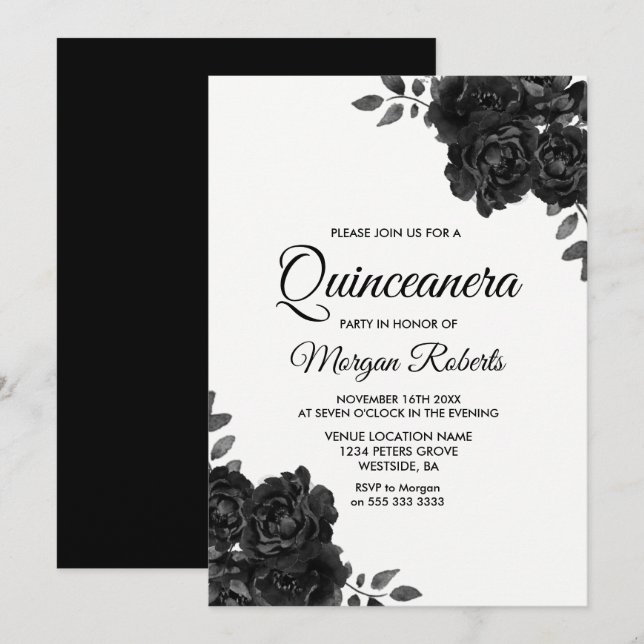 Elegant Black & White Rose Quinceanera Invitations (Front/Back)