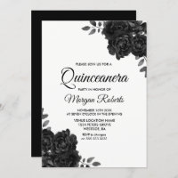 Elegant Black & White Rose Quinceanera Invitations