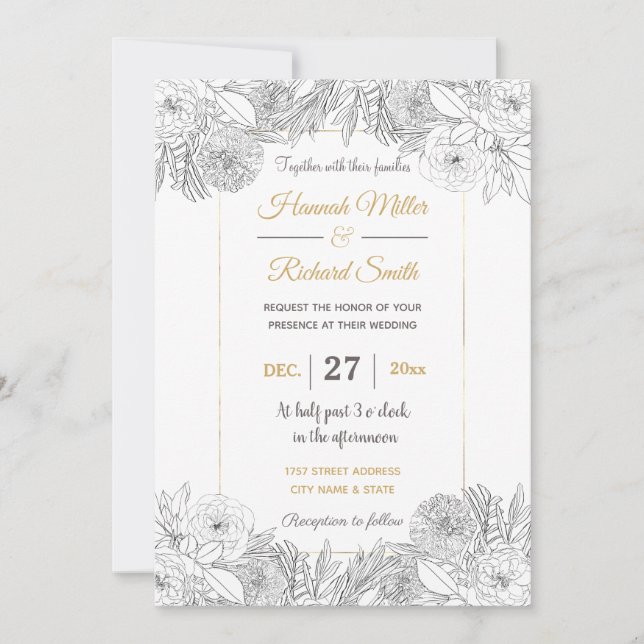 Elegant Black White Roses and Marigold Flowers Invitation (Front)