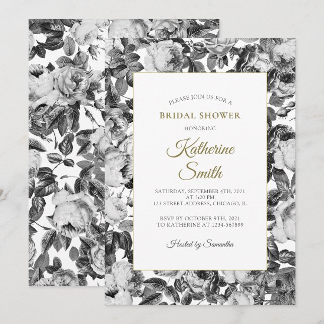 Elegant Black White Roses Bridal Shower Invitation (Front/Back)