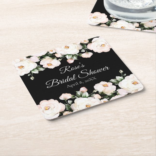 Elegant Black White Roses Bridal Shower  Square Paper Coaster (Angled)