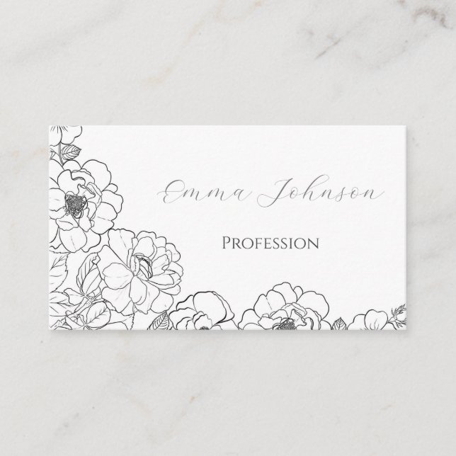 Elegant Black White Roses Line art Floral Business Card (Front)