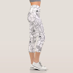 Elegant Black White Roses Line art Floral Capri Leggings