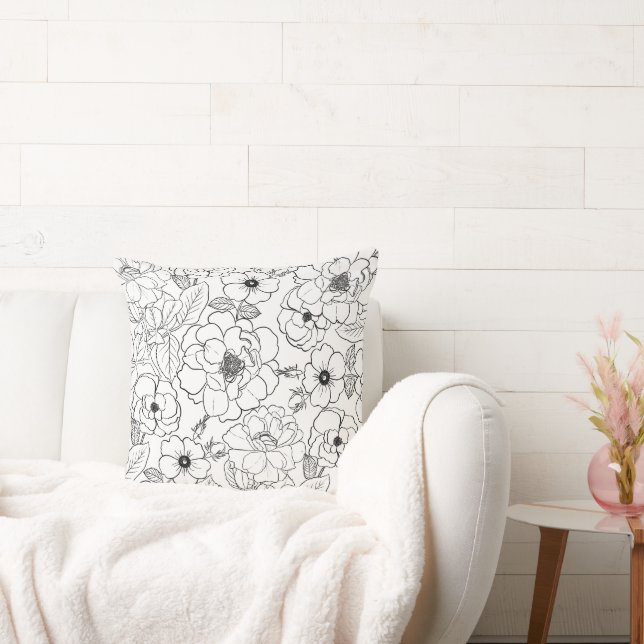 Elegant Black White Roses Line art Floral Cushion (Couch)
