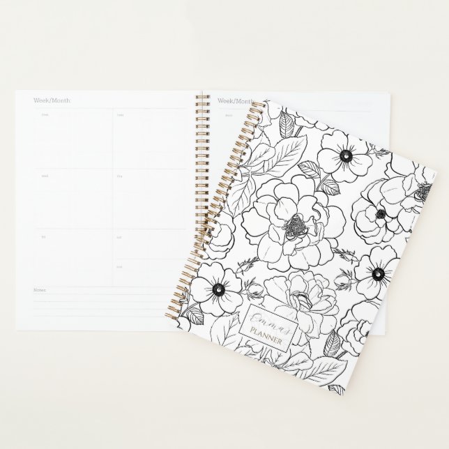 Elegant Black White Roses Line art Floral Planner (Display)