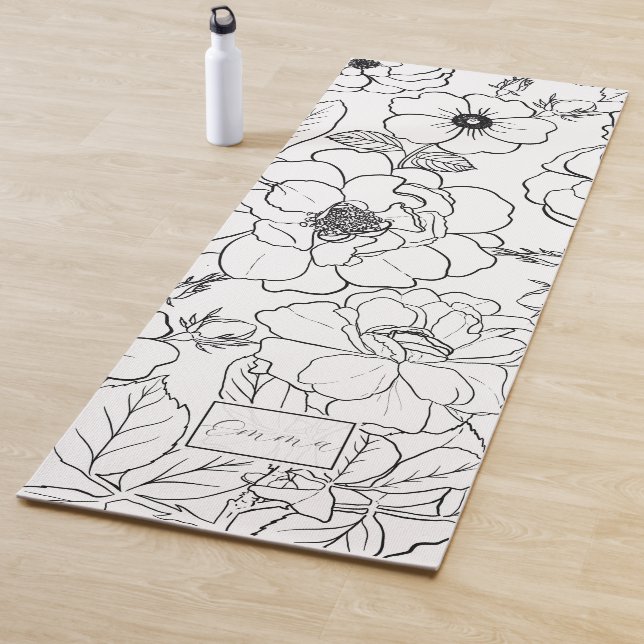 Elegant Black White Roses Line art Floral Yoga Mat (In Situ)