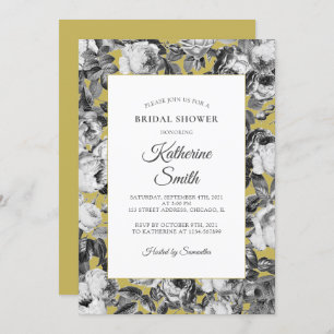 Elegant Black White Roses on Gold Bridal Shower Invitation