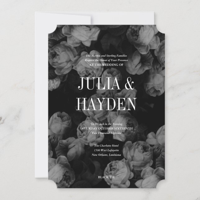 Elegant Black & White Roses Wedding Invitations (Front)