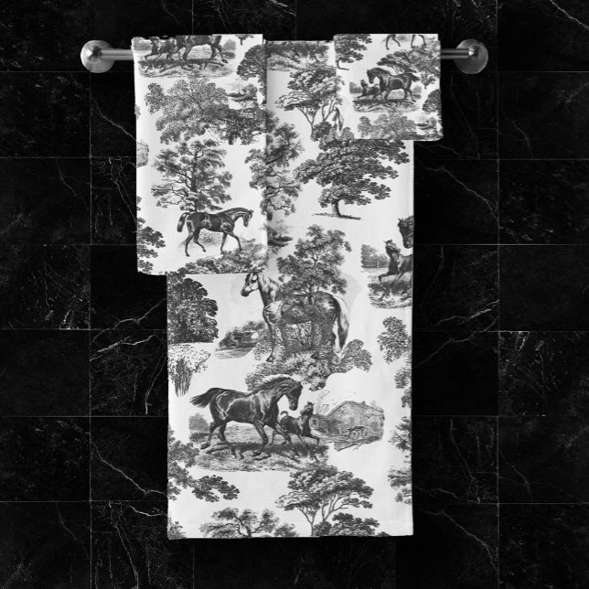 Elegant Black White Rustic Horses Toile  Bath Towel Set (Creator Uploaded)