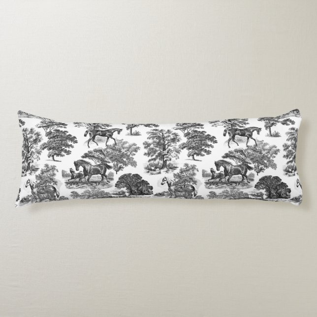 Elegant Black White Rustic Horses Toile  Body Cushion (Front)